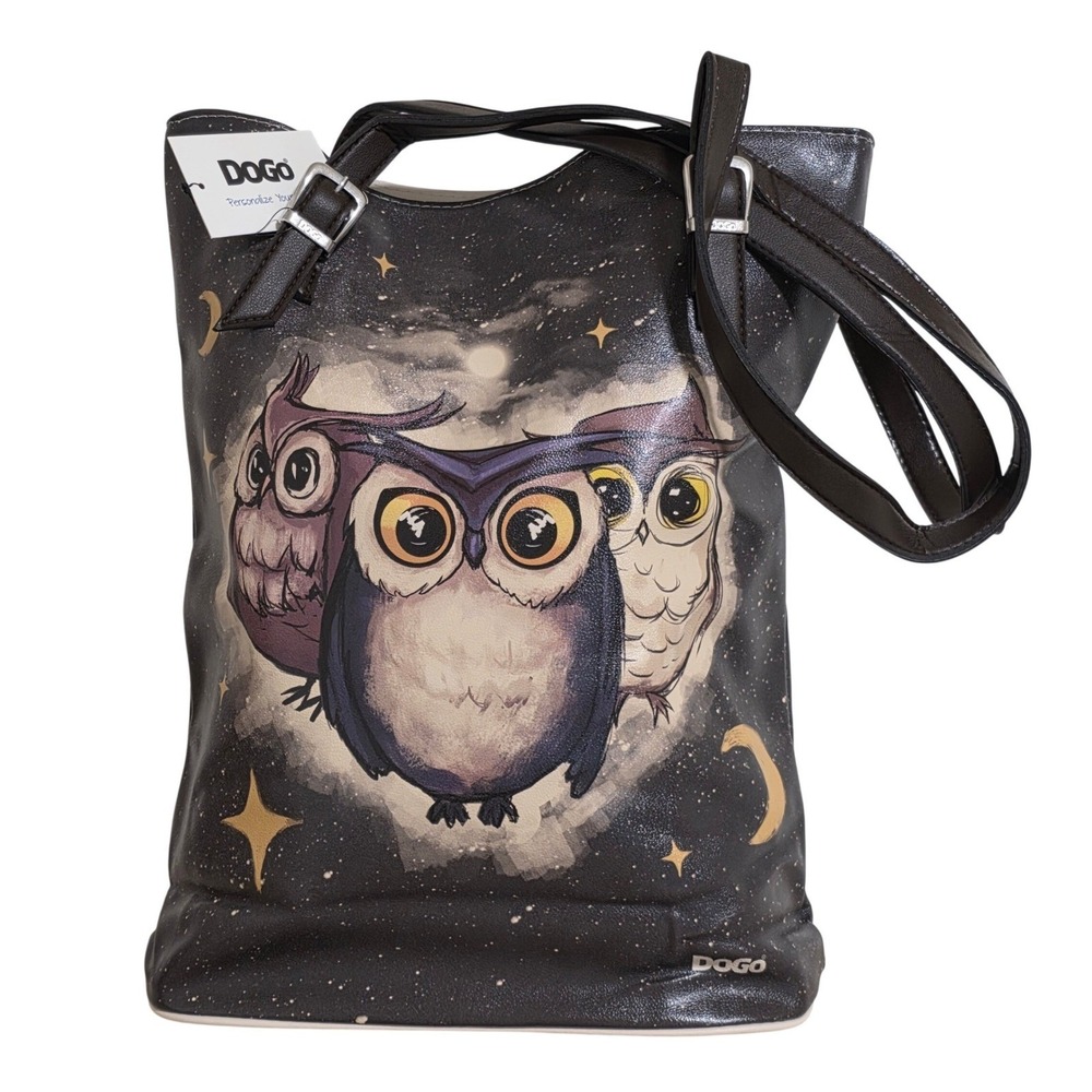 DOGO Owls Family Tote Bag Womens Large Black Starry Night Vegan Leather Graphic